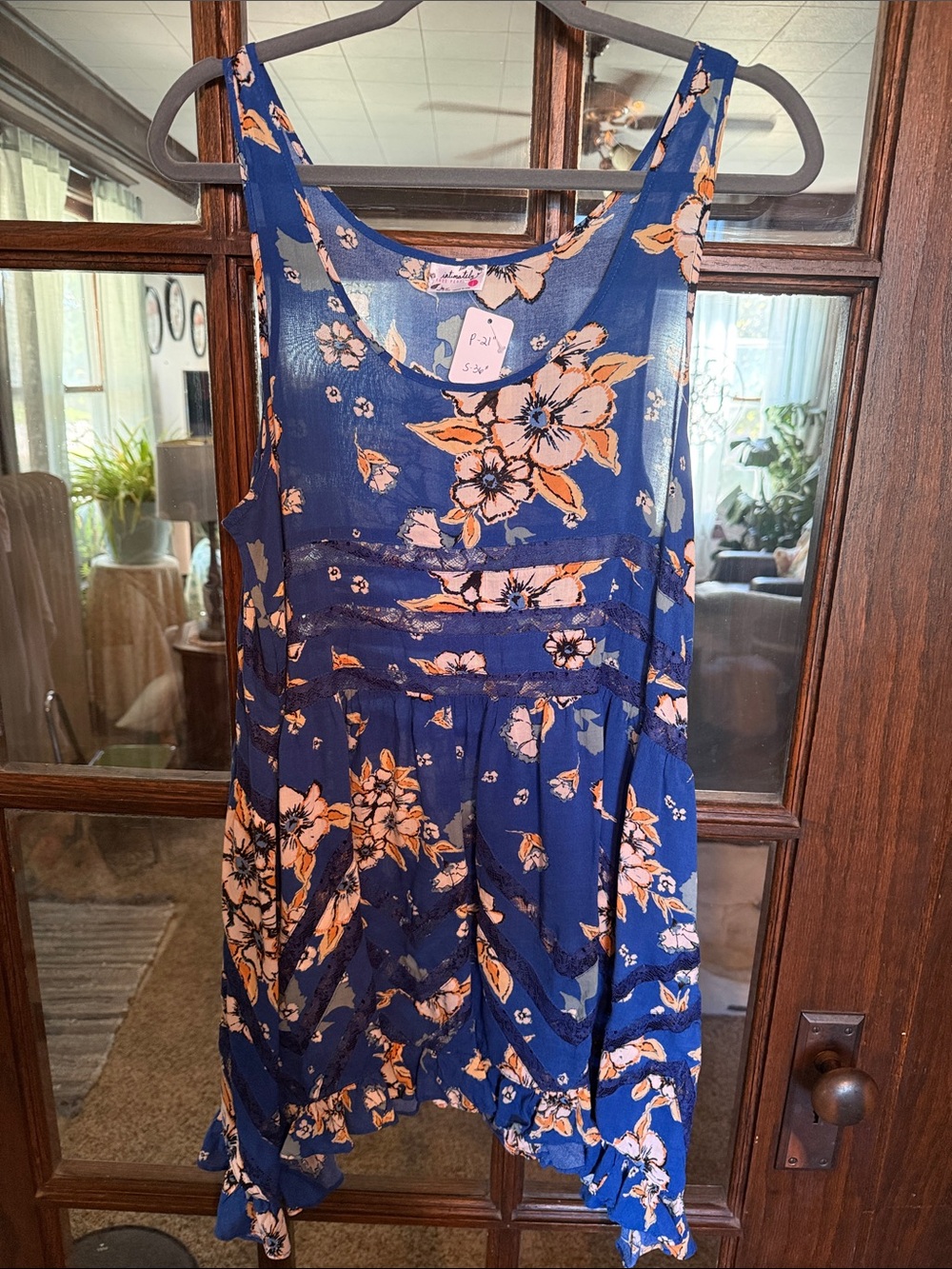 Intimately Free People Blue Floral Lace Trim Ruffle Mini Dress Tunic Large